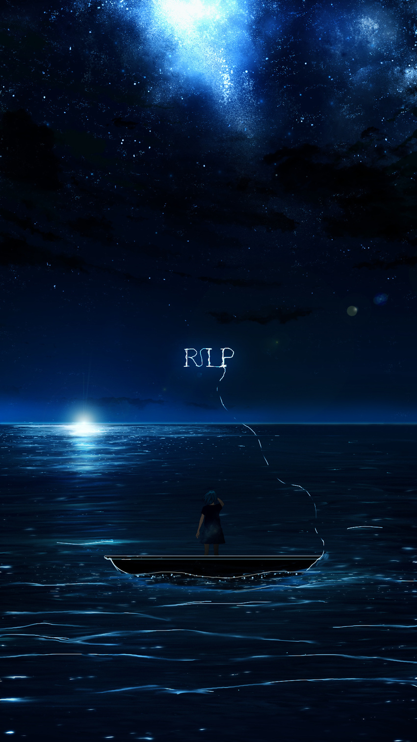 blue blue_hair boat commentary_request dress from_behind highres horizon night night_sky ocean original scenery short_hair sky solo standing star_(sky) starry_sky sunrise water_surface watercraft y_y_(ysk_ygc)