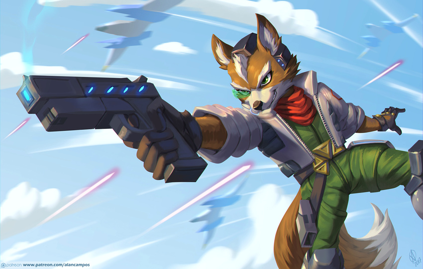 2017 5_fingers alanscampos anthro arwing belt black_nose brown_fur canine clothed clothing cloud day dipstick_tail english_text fox fox_mccloud fur gloves green_eyes gun hi_res holding_object holding_weapon jacket male mammal multicolored_tail nintendo ranged_weapon scarf sky smile solo standing star_fox text video_games weapon white_fur