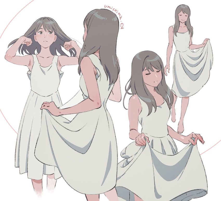 armpits bangs barefoot blush breasts closed_eyes closed_mouth commentary dress hands_in_hair highres long_dress medium_breasts medium_hair multiple_views original signature simple_background skirt skirt_lift smile umishima_senbon white_background white_dress