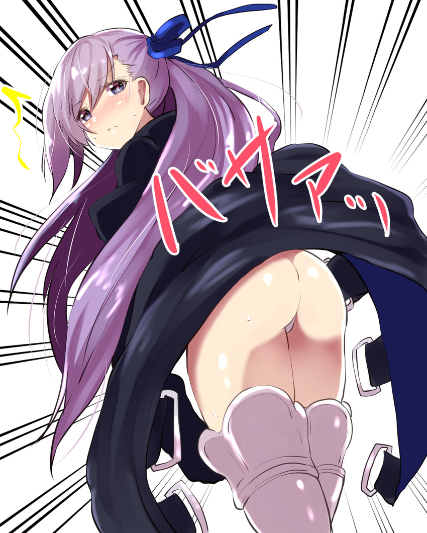 ass blue_bow blue_eyes blush bow emphasis_lines fate/extra fate/extra_ccc fate_(series) hair_bow hair_ribbon highres long_hair looking_at_viewer looking_back meltlilith owafu purple_hair ribbon solo sweat thighhighs translation_request very_long_hair