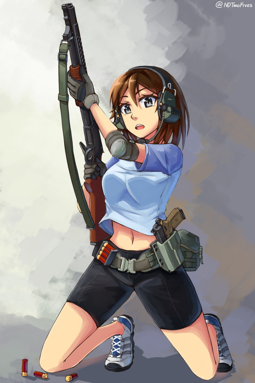 belt_pouch bike_shorts black_gloves breasts brown_hair cocked_hammer commentary_request ear_protection elbow_pads full_body gloves grey_eyes gun handgun headset highres holster kneeling medium_breasts midriff midriff_peek navel ndtwofives open_mouth original pistol pouch raglan_sleeves shirt shoes shotgun shotgun_shells sling sneakers solo t-shirt trigger_discipline twitter_username weapon winchester_model_1897