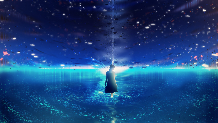 blue blue_sky commentary_request highres horizon light_beam night night_sky ocean original ripples scenery seascape short_hair silhouette sky solo standing star_(sky) starry_sky very_wide_shot wading water_surface y_y_(ysk_ygc)