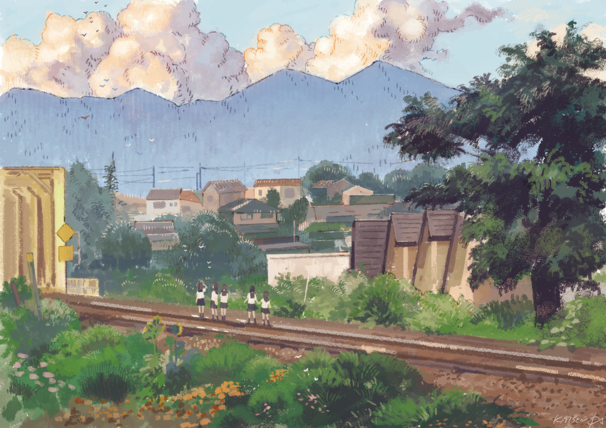 black_skirt blue_sky cloud cloudy_sky commentary day grass highres horizon medium_hair mountain mountainous_horizon multiple_girls original railroad_tracks scenery school_uniform shirt signature skirt sky socks standing tree umishima_senbon village white_shirt