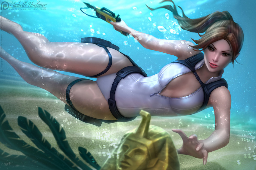 1girl breasts brown_eyes brown_hair cleavage gold lara_croft legs light long_hair ponytail solo swimsuit tank_top tomb_raider underwater water watermark