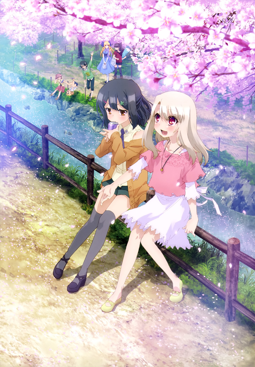 :d absurdres arm_support arm_up black_footwear black_hair black_pants black_skirt blonde_hair blue_bow blue_dress blush bow brown_eyes cherry_blossoms collarbone day dress drinking eyebrows_visible_through_hair fate/kaleid_liner_prisma_illya fate_(series) fence full_body gakumazawa_tatsuko glasses green_skirt grey_legwear hair_bow hair_ornament hairclip half_updo highres illyasviel_von_einzbern jewelry kurihara_suzuka leaning leaning_forward long_dress long_hair looking_back luviagelita_edelfelt miniskirt miyu_edelfelt moriyama_nanaki multiple_girls necklace official_art open_mouth outdoors outstretched_hand pants petals pink_hair pleated_skirt red-framed_eyewear red_eyes red_shirt ribbon river scan shirt shoes short_dress shorts silver_hair sitting skirt smile stream thighhighs toosaka_rin tree ushijima_nozomi water white_dress white_legwear white_ribbon wooden_fence yellow_footwear