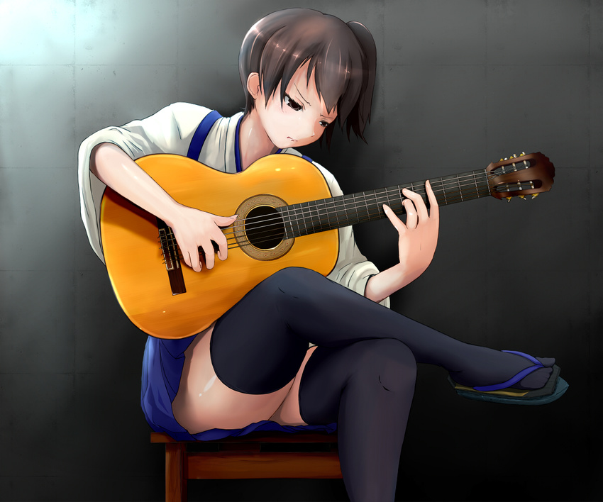 acoustic_guitar black_legwear brown_eyes brown_hair chair closed_mouth commentary guitar instrument japanese_clothes kaga_(kantai_collection) kantai_collection music playing_instrument sandals short_hair sitting solo thighhighs yakuto007