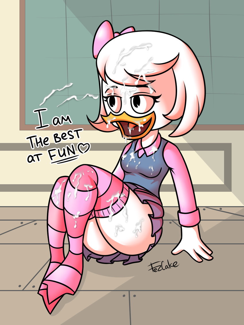 2017 anthro avian beak bird breasts bukkake butt clothing cum cum_on_face cumshot digital_media_(artwork) disney duck ducktales ducktales_(2017) ejaculation eyelashes female fezcake hair hair_bow hair_ribbon legwear orgasm ribbons shadow signature sitting skirt smile solo stockings webby_vanderquack white_hair