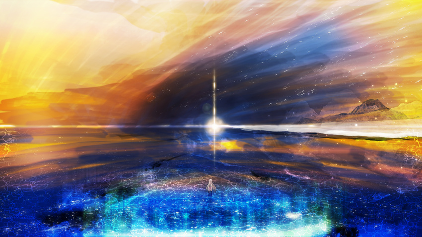 commentary_request highres ia_(vocaloid) long_hair mountain night night_sky orange_sky scenery sky solo standing standing_on_liquid star_(sky) starry_sky sunrise very_wide_shot vocaloid water water_surface y_y_(ysk_ygc)