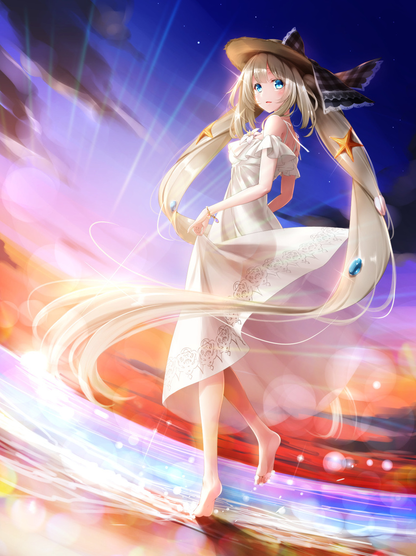 ass barefoot blue_eyes dress fate/grand_order fate_(series) full_body hat highres lens_flare light_rays long_hair looking_at_viewer marie_antoinette_(fate/grand_order) marie_antoinette_(swimsuit_caster)_(fate) midoriiro_no_shinzou seashell see-through shell shore solo starfish twilight twintails very_long_hair
