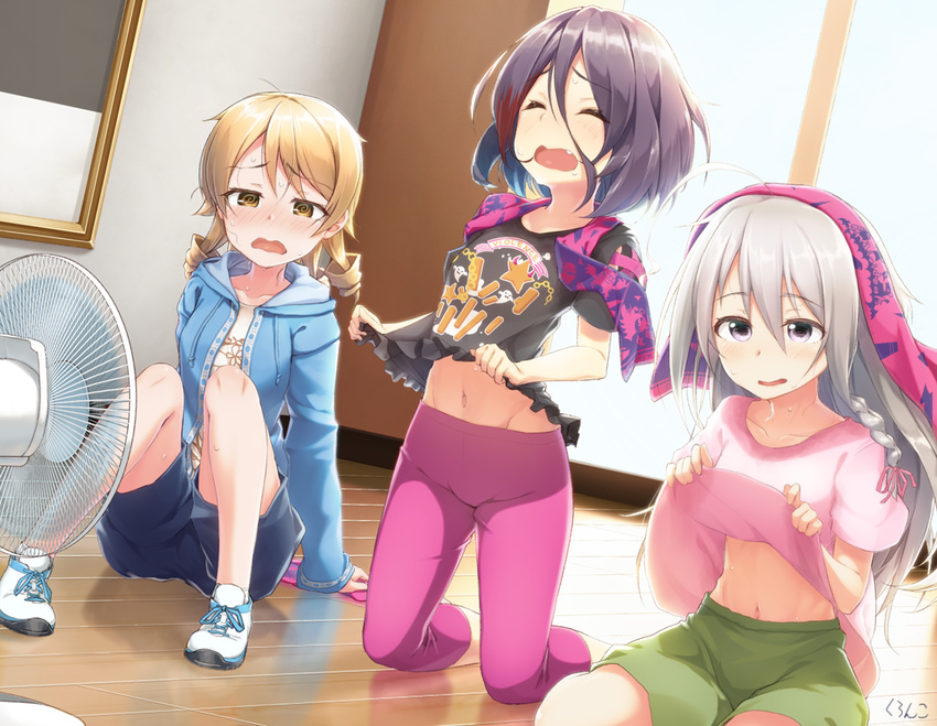 @_@ artist_name bangs black_shirt blonde_hair blue_shorts blush braid closed_eyes collarbone commentary_request dutch_angle electric_fan eyebrows_visible_through_hair fang hair_between_eyes hair_ribbon half-closed_eyes hayasaka_mirei highlights hood hoodie hoshi_shouko idolmaster idolmaster_cinderella_girls individuals indoors kneeling knees_up kuroneko_shiro morikubo_nono multicolored_hair multiple_girls navel open_clothes open_hoodie open_mouth pants parted_lips pink_ribbon pink_shirt purple_eyes purple_hair red_hair ribbon ringlets shirt shirt_lift shoes short_hair short_sleeves shorts side_braid signature silver_hair sitting sneakers towel towel_on_head tress_ribbon wavy_mouth yoga_pants