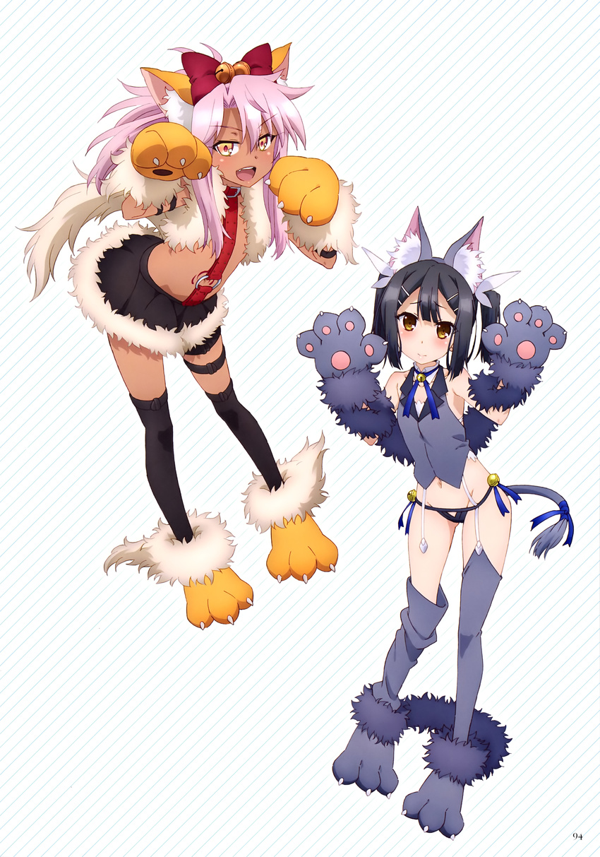 3: :d absurdres animal_ears arm_strap artist_request ass_visible_through_thighs bare_shoulders bell black_hair black_legwear black_panties blush bow breasts brown_eyes chloe_von_einzbern closed_mouth dark_skin detached_collar eyebrows_visible_through_hair fate/kaleid_liner_prisma_illya fate_(series) full_body fur_trim garter_straps gloves grey_legwear hair_between_eyes hair_bow hair_ornament hairclip highres jingle_bell leaning_forward loose_thighhigh midriff miyu_edelfelt multiple_girls navel o-ring official_art open_mouth page_number panties paw_gloves paws pink_hair ribbon scan shirt sidelocks simple_background skirt sleeveless sleeveless_shirt small_breasts smile standing strap tail tail_ribbon tattoo thigh_strap thighhighs twintails underwear v-shaped_eyebrows yellow_eyes