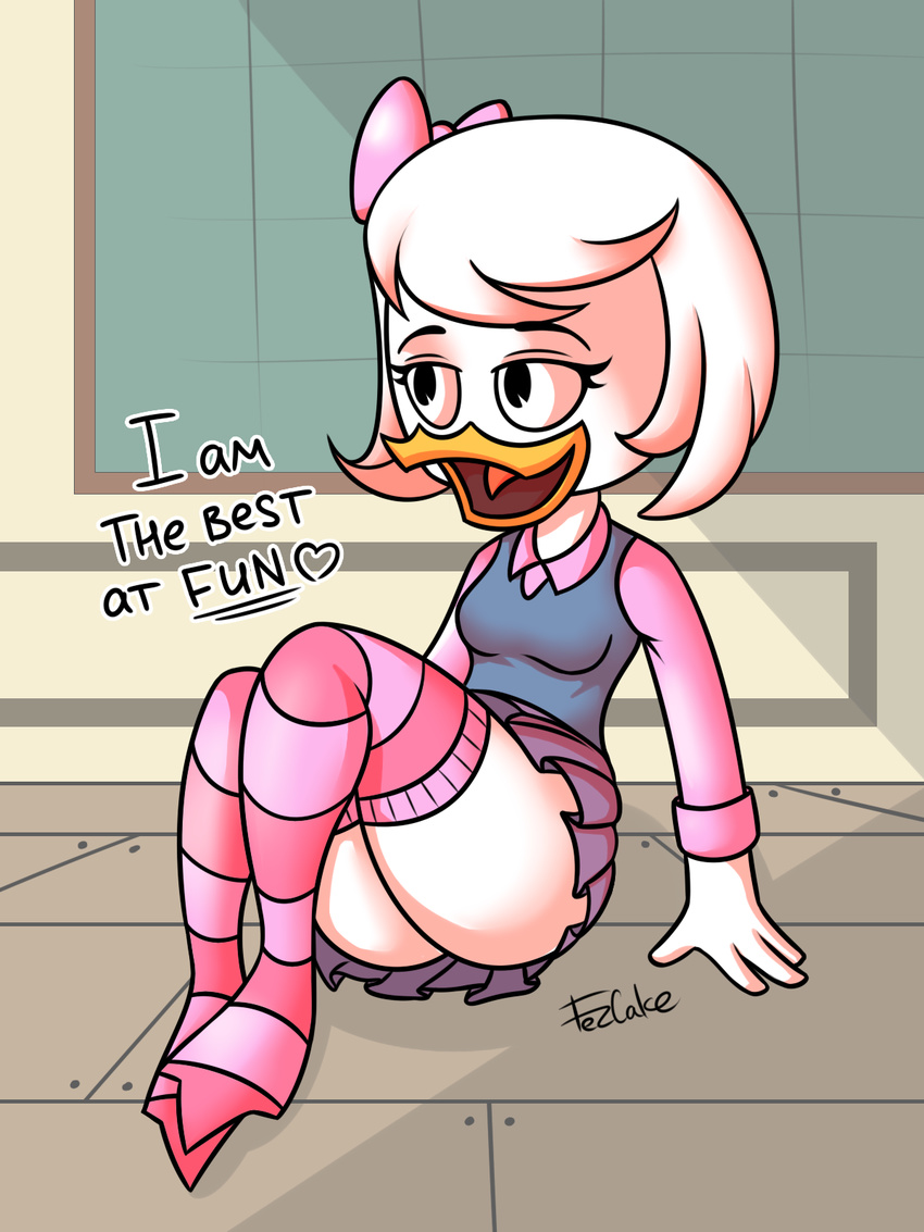 2017 anthro avian beak bird breasts butt clothing digital_media_(artwork) disney duck ducktales ducktales_(2017) eyelashes female fezcake hair hair_bow hair_ribbon legwear ribbons shadow signature sitting skirt smile solo stockings webby_vanderquack white_hair