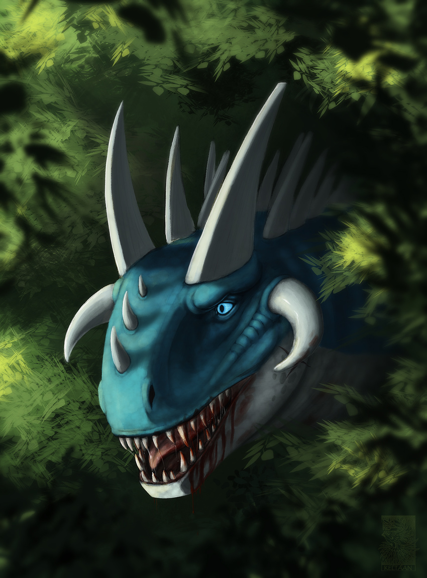 ambiguous_gender blue_eyes detailed_background dragon headshot_portrait horn keltaan open_mouth portrait teeth tongue