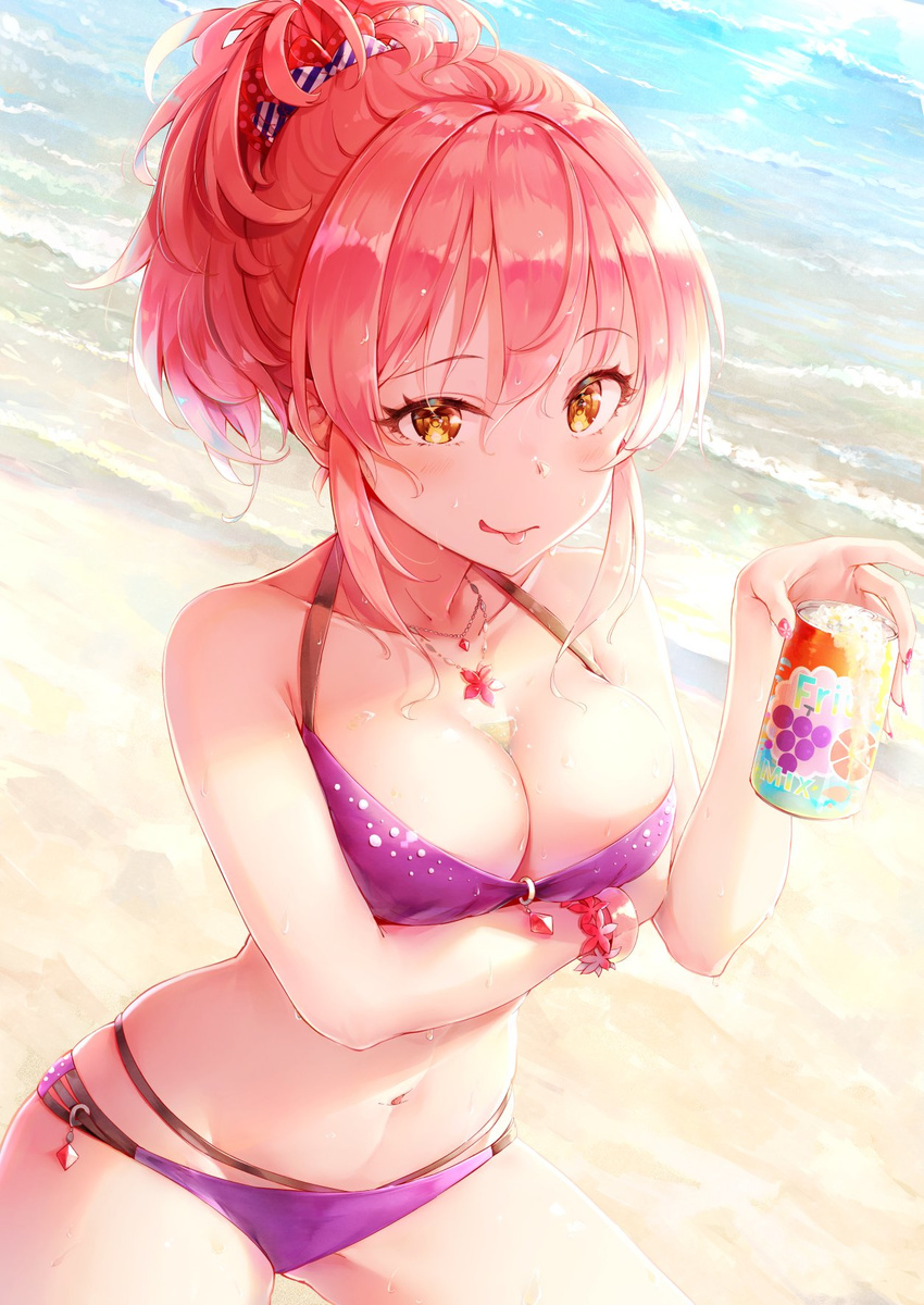 :p beach bikini breasts bust_cup can cleavage day eyelashes highres idolmaster idolmaster_cinderella_girls jougasaki_mika long_hair medium_breasts multi-strapped_bikini pink_hair ponytail purple_bikini smile soda_can solo somalisu swimsuit tongue tongue_out yellow_eyes