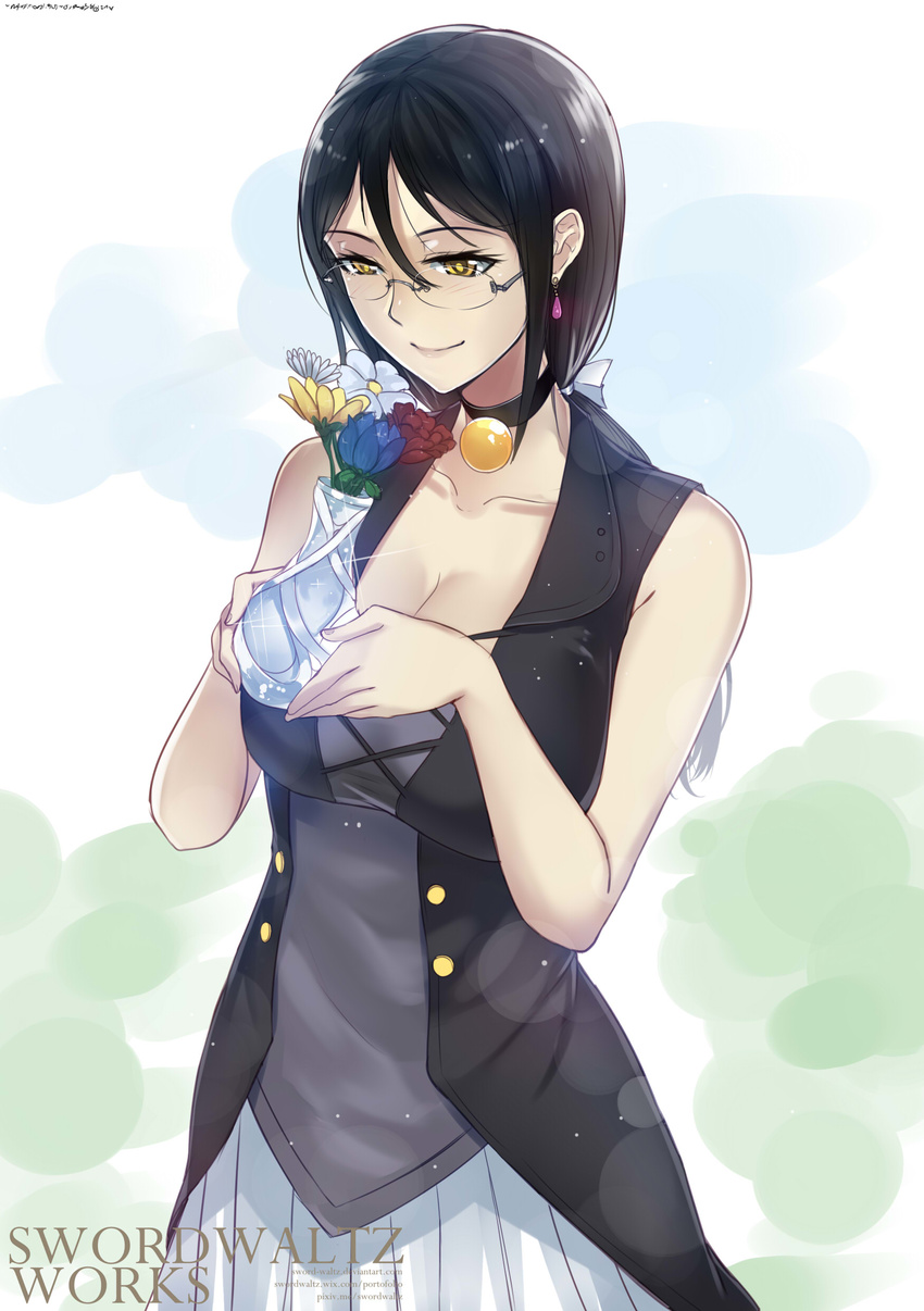 absurdres artist_name bare_shoulders black_hair blush breasts brown_eyes choker collarbone commentary earrings flower glasses highres holding jewelry large_breasts lens_flare low_ponytail lucrecia_ishterasha original pleated_skirt rimless_eyewear skirt solo swordwaltz vase watermark web_address white_skirt