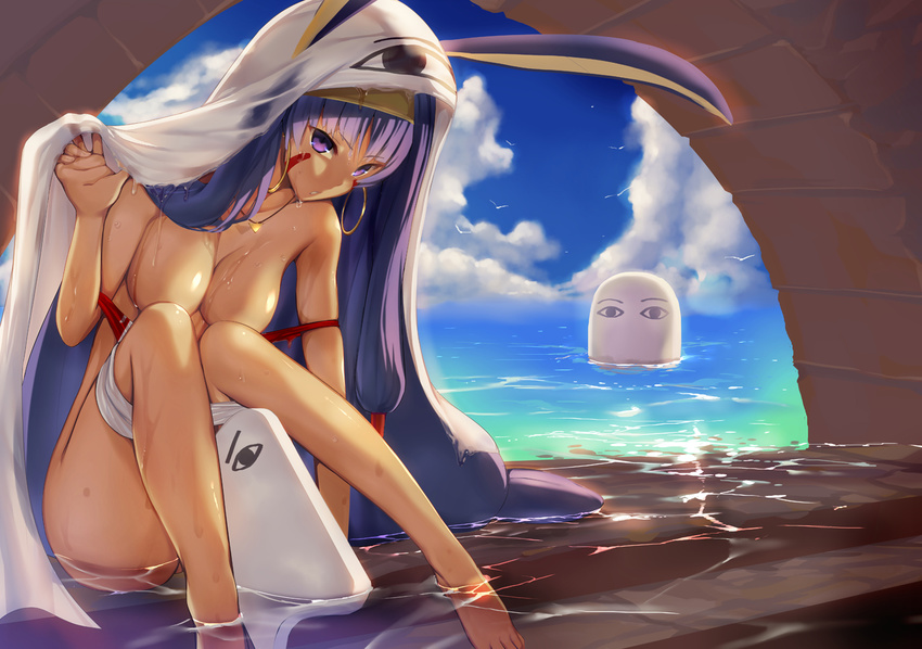 animal_ears arm_support bangs barefoot bed_sheet bird blue_sky breasts cloud collarbone dark_skin day earrings facepaint fate/grand_order fate_(series) hair_tubes hand_up headband hips hoop_earrings jackal_ears jewelry kickboard knees_up legs long_hair looking_at_viewer low-tied_long_hair medium_breasts medjed nitocris_(fate/grand_order) nitocris_(swimsuit_assassin)_(fate) ocean one-piece_swimsuit outdoors parted_lips purple_eyes purple_hair satou_daiji shade sidelocks sitting sky solo_focus swimsuit swimsuit_pull thighs topless very_long_hair water wet