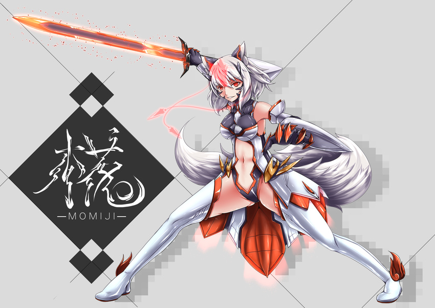 adapted_costume albino alternate_costume animal_ears bare_shoulders boots center_opening character_name claws commentary_request detached_sleeves eyebrows_visible_through_hair fake_horns fighting_stance gloves glowing glowing_sword glowing_weapon grey_background grin headgear highres inubashiri_momiji inyuppo navel red_eyes shiny shiny_clothes shiny_skin short_hair slit_pupils smile sword tail thigh_boots thighhighs touhou weapon white_footwear white_hair white_legwear wide_sleeves wolf_ears wolf_girl wolf_tail