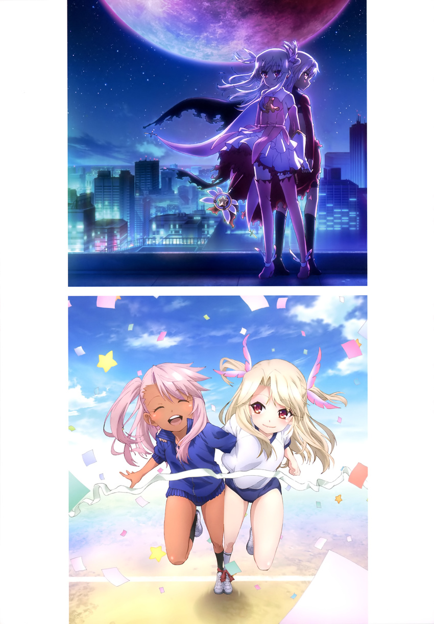 absurdres back-to-back black_legwear blonde_hair blue_buruma blue_sweater boots breasts buruma chloe_von_einzbern closed_eyes confetti dark_skin day fate/kaleid_liner_prisma_illya fate_(series) feathers floating_hair full_body gym_uniform hair_feathers highres holding holding_staff illyasviel_von_einzbern jacket long_hair looking_at_viewer magical_girl magical_ruby moon multiple_girls night open_mouth outdoors pink_footwear pink_hair prisma_illya profile red_eyes rooftop shirt side_ponytail silver_hair small_breasts smile sports_festival staff standing sweater thigh_boots thighhighs three-legged_race track_jacket two_side_up white_shirt yellow_eyes
