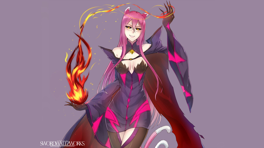 animal_ears artist_name bare_shoulders black_gloves black_sclera blazblue blazblue:_central_fiction blush breasts breasts_apart cape cat_ears cat_tail commentary_request cosplay cowboy_shot dress evil_smile eyebrows_visible_through_hair fire gloves hair_between_eyes head_tilt highres kokonoe konoe_a_mercury konoe_a_mercury_(cosplay) long_hair looking_at_viewer medium_breasts multiple_tails pink_hair purple_background simple_background slit_pupils smile solo swordwaltz tail very_long_hair watermark web_address yellow_eyes