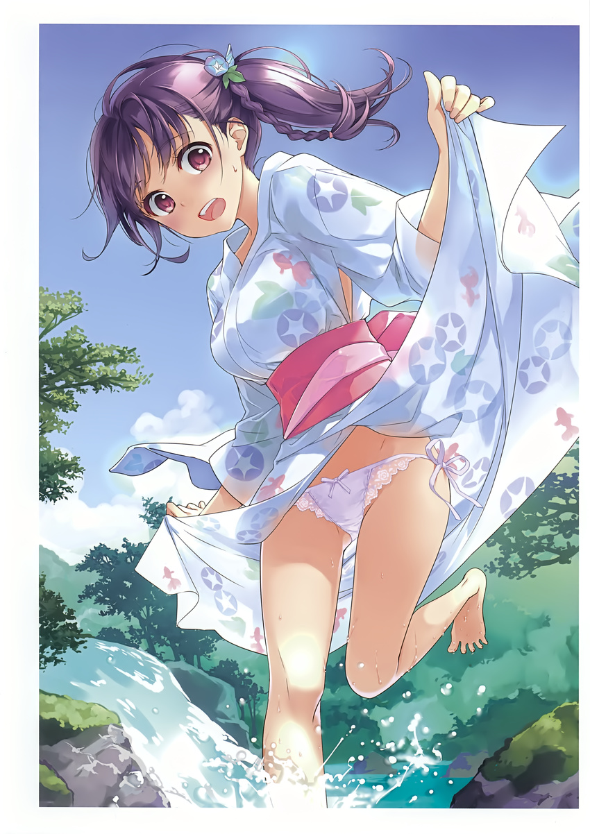 absurdres barefoot blue_sky braid breasts clothes_lift day eyebrows_visible_through_hair floral_print from_below ginta highres japanese_clothes kimono kimono_lift lace lace-trimmed_panties large_breasts melonbooks obi open_mouth outdoors panties pink_eyes purple_hair sash scan side-tie_panties side_braid side_ponytail single_braid sky solo splashing standing standing_on_one_leg underwear wading white_panties yukata yukata_lift