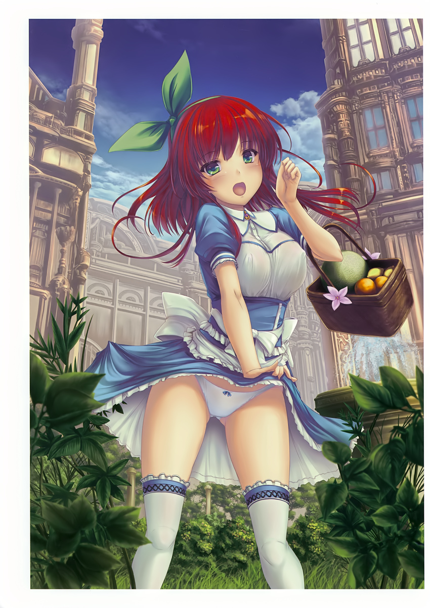 absurdres blue_dress breasts covered_nipples dress food green_eyes green_ribbon hair_ribbon highres holding large_breasts long_hair looking_at_viewer melonbooks open_mouth original panties red_hair ribbon solo standing tenmaso thighhighs underwear white_legwear white_panties