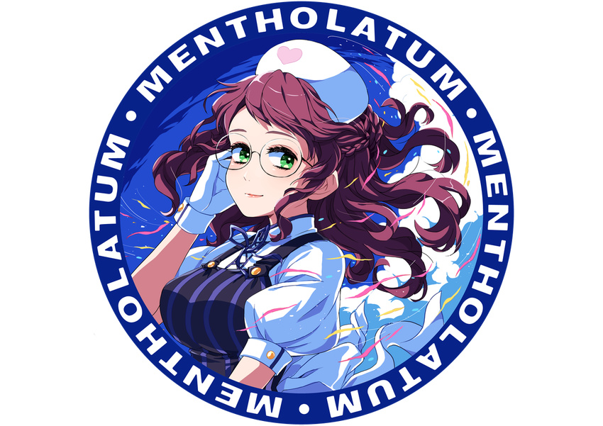 adjusting_eyewear bad_id bad_pixiv_id braid brown_hair copyright_name crown_braid glasses gloves green_eyes hat little_nurse long_hair looking_at_viewer mentholatum nurse_cap ringozaka_mariko round_image striped upper_body vertical_stripes white_gloves