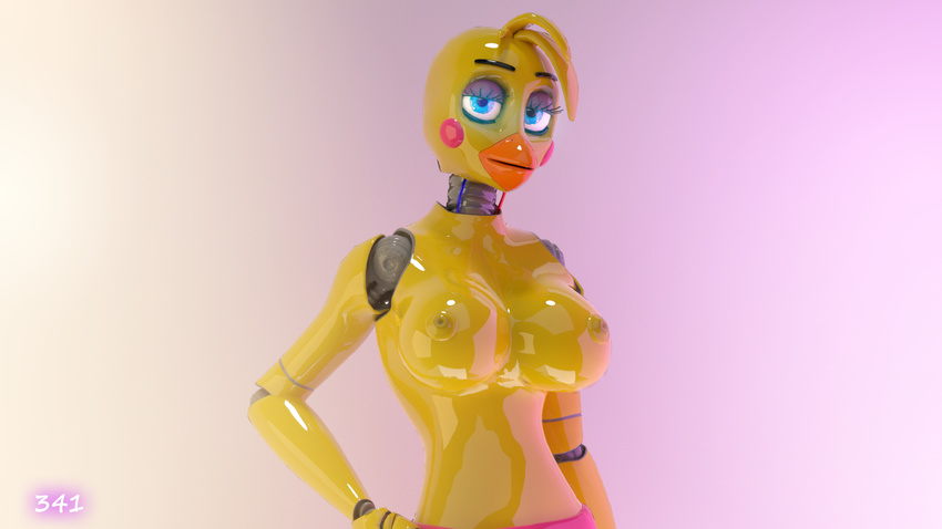 3d_(artwork) animatronic anthro avian bird blender_(software) blue_eyes breasts chicken digital_media_(artwork) female five_nights_at_freddy's five_nights_at_freddy's_2 hi_res machine nipples nude pervertguy341 robot simple_background solo toy_chica_(fnaf) video_games