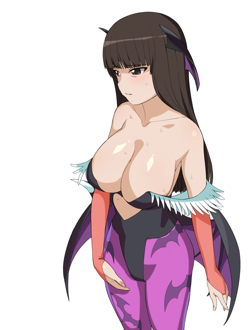 a1 absurdres animal_print bags_under_eyes bangs bare_shoulders bat_print blunt_bangs breasts bridal_gauntlets brown_hair commentary_request cosplay girls_und_panzer head_wings highres large_breasts long_hair morrigan_aensland morrigan_aensland_(cosplay) nishizumi_shiho non-web_source pantyhose print_legwear solo sweat vampire_(game)