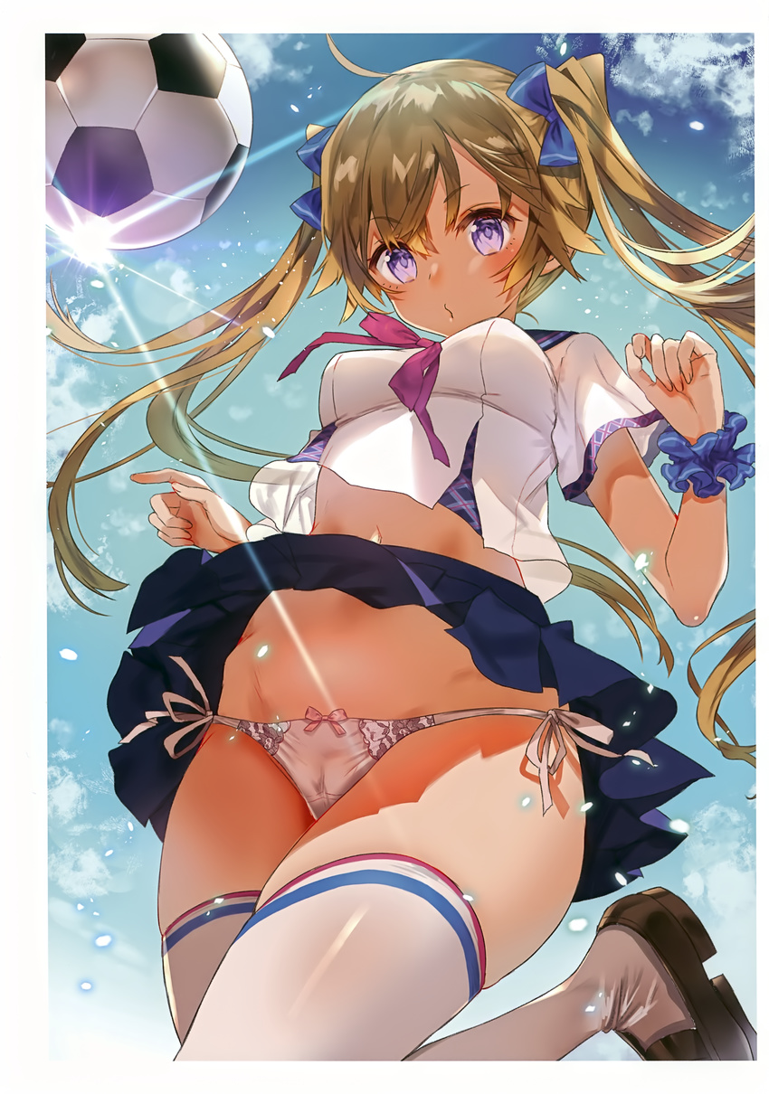 absurdres ball blue_scrunchie blue_sky bow bow_panties breasts brown_hair cameltoe crop_top day eyebrows_visible_through_hair from_below hair_bow harunoibuki highres loafers long_hair melonbooks navel outdoors panties puckered_lips purple_eyes scan school_uniform scrunchie shoes side-tie_panties skirt skirt_lift sky small_breasts soccer_ball solo string_panties sunlight thighhighs twintails underwear very_long_hair white_legwear white_panties wrist_scrunchie