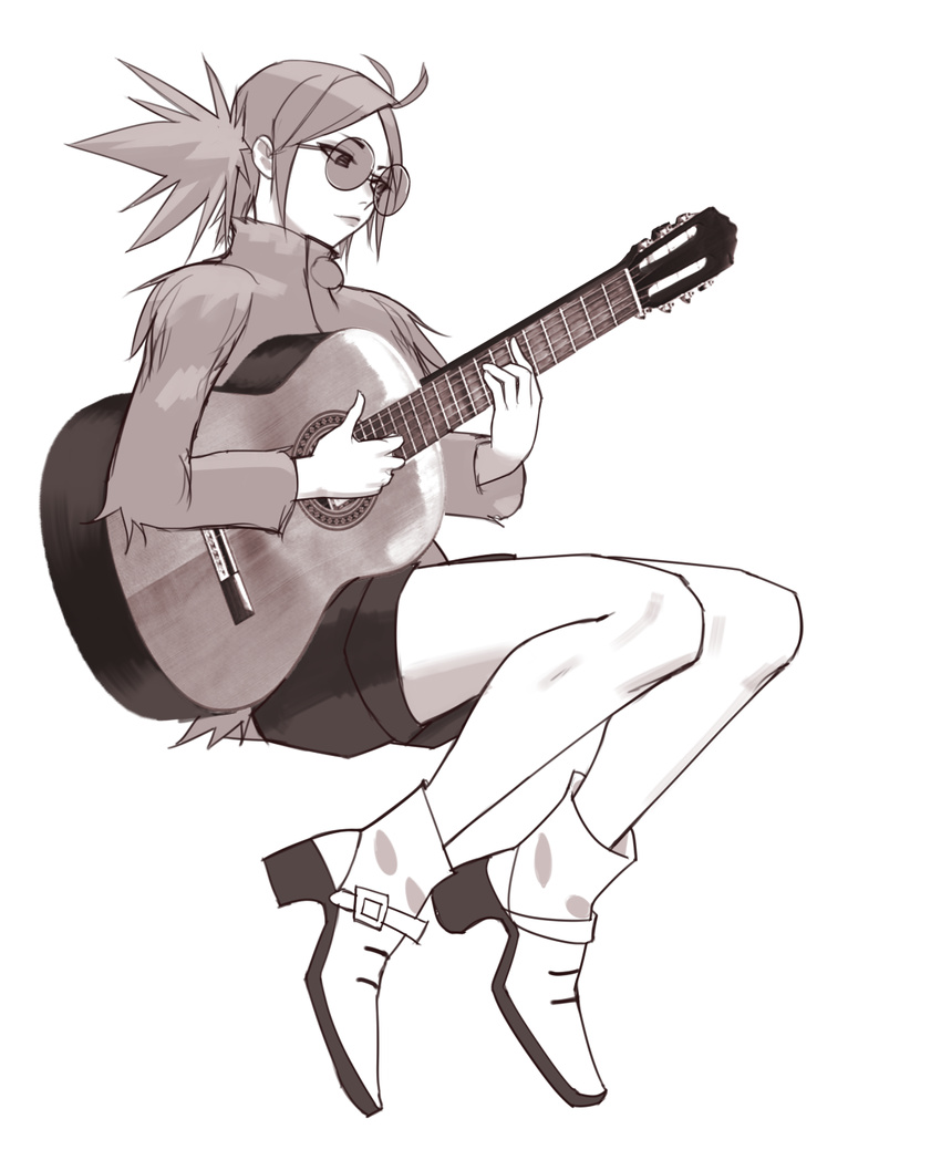 1girl black_skirt fur_jacket gorillaz guitar high_heel_boots lips miniskirt noodle_(gorillaz) short_twintails skirt solo sunglasses twintails white_boots