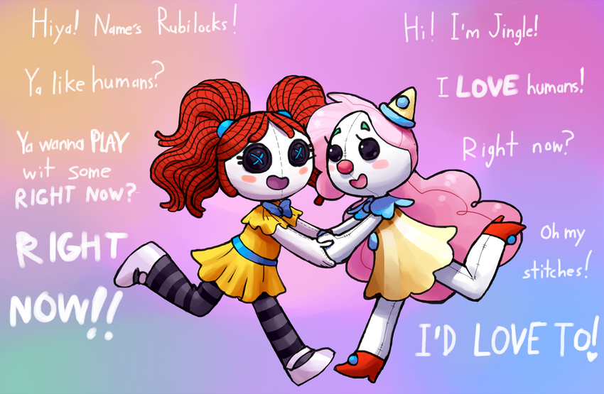 animate_inanimate button_eyes clothing clown doll dress footwear hair hat legwear long_hair not_furry outta_sync pigtails pink_hair red_hair rubilocks shoes stockings text