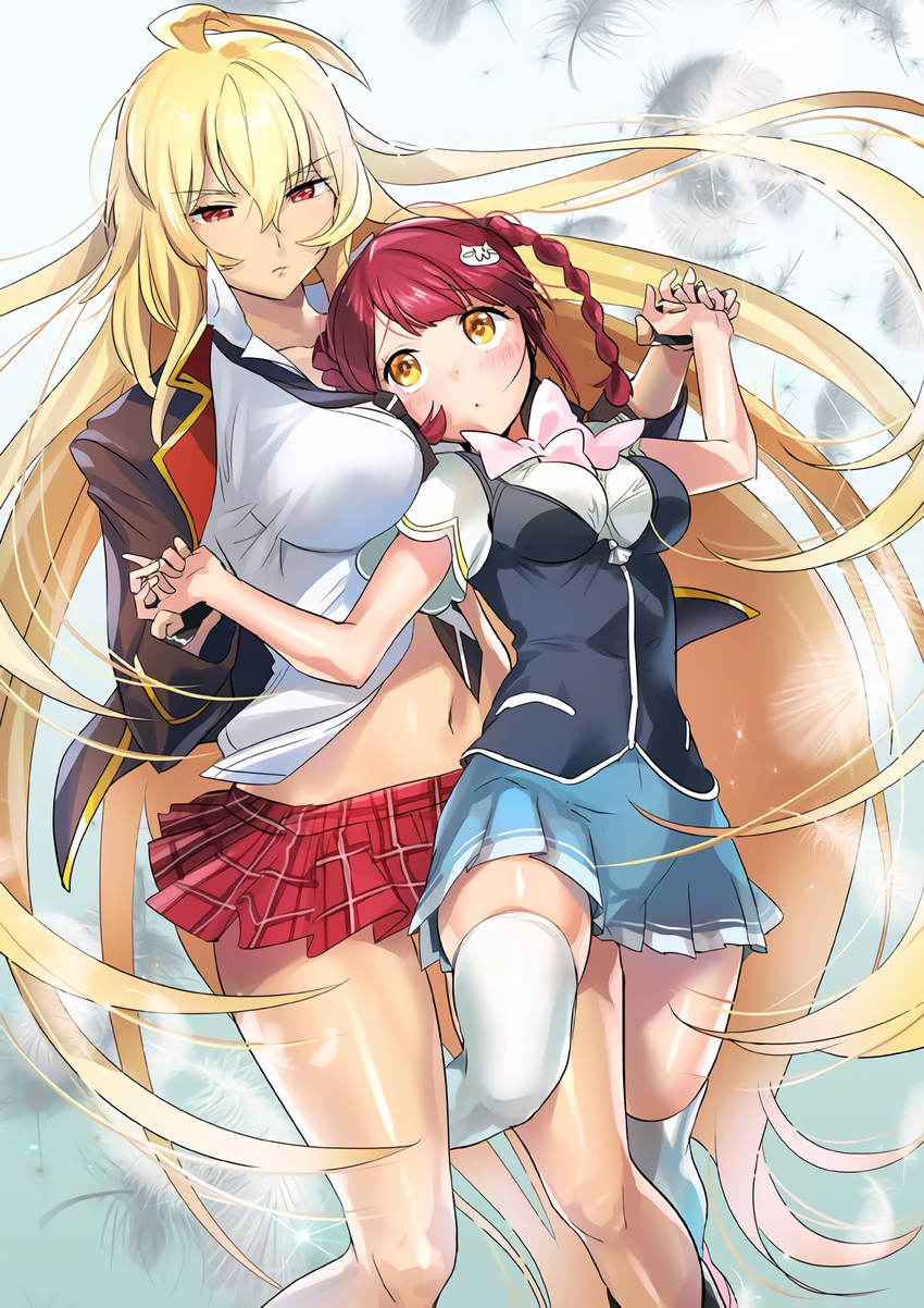 2girls blonde_hair breasts cleavage collared_shirt couple feathers gold_eyes hand_holding head_on_another's_breasts interlocked_fingers large_breasts long_hair looking_at_another medium_breasts midriff multiple_girls navel pigtails pink_hair shikishima_mirei simple_background skirt thighhighs thighs tokonome_mamori valkyrie_drive valkyrie_drive_-mermaid- very_long_hair yuri