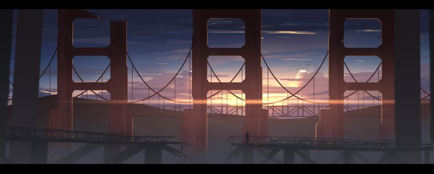 absurdres asuteroid bad_id bad_pixiv_id bird blue_sky bridge broken cloud cloudy_sky commentary flock highres letterboxed mountainous_horizon original outdoors ruins scenery silhouette sky solo sunrise very_wide_shot