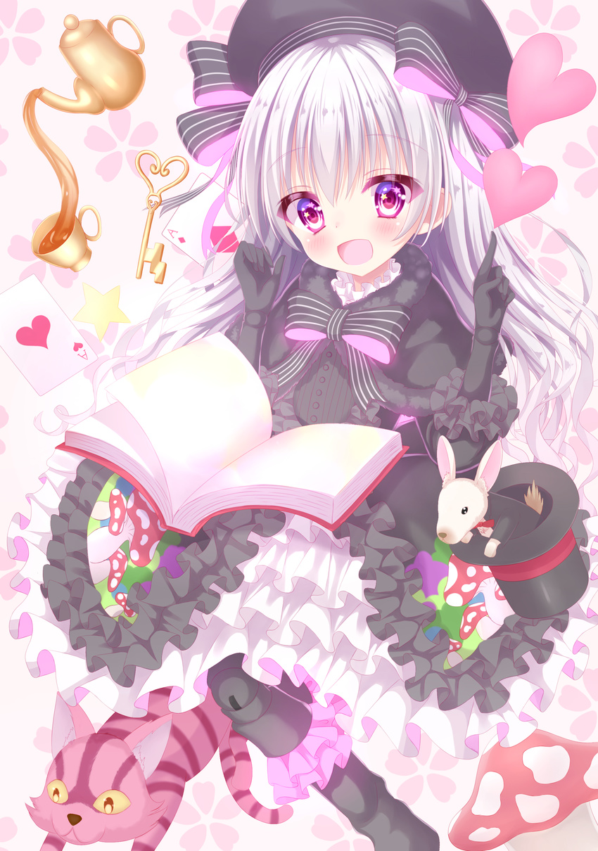 :d absurdres ace_of_diamonds ace_of_hearts animal bangs beret black_bow black_capelet black_dress black_hat black_neckwear black_ribbon blush book bow bowtie bunny capelet card cat cheshire_cat clothed_animal commentary cup diamond_(shape) doll_joints dress eyebrows_visible_through_hair fate/extra fate_(series) floral_background food_print formal frilled_dress frilled_shirt_collar frilled_sleeves frills fur-trimmed_capelet fur_trim gothic_lolita hair_between_eyes hakuto_momiji hat hat_bow hat_ribbon heart highres index_finger_raised key layered_dress lolita_fashion long_hair looking_at_viewer multicolored_neckwear mushroom mushroom_print nursery_rhyme_(fate/extra) open_book open_mouth pink_background pink_bow pink_ribbon playing_card pouring print_dress purple_eyes ribbon short_sleeves smile star striped striped_bow striped_neckwear striped_ribbon suit tea teacup teapot top_hat tsurime white_hair white_rabbit