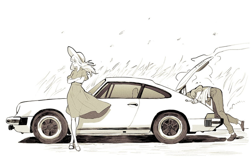 1girl car commentary_request dress girls_und_panzer ground_vehicle hat itsumi_erika ladic long_hair monochrome motor_vehicle original outdoors porsche porsche_911 sepia sketch sun_hat