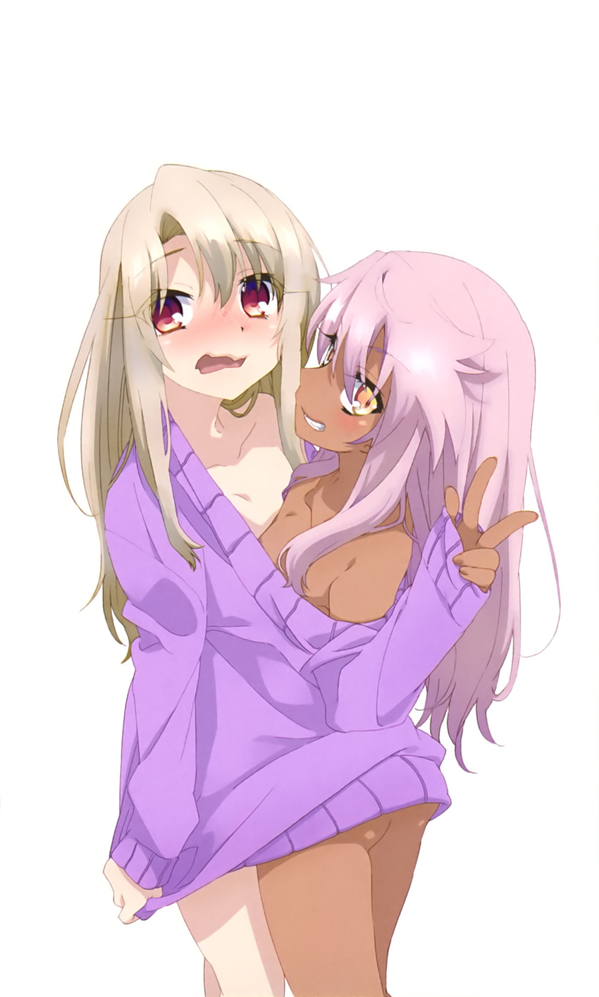 ass blush butt_crack chloe_von_einzbern cropped dark_skin eyebrows_visible_through_hair fate/kaleid_liner_prisma_illya fate_(series) grin highres illyasviel_von_einzbern light_brown_hair looking_at_viewer multiple_girls naked_sweater official_art orange_eyes pink_hair profile purple_sweater red_eyes shared_clothes shared_sweater simple_background sleeves_past_wrists smile sweater teeth topless ushijima_nozomi w wavy_mouth white_background yuri