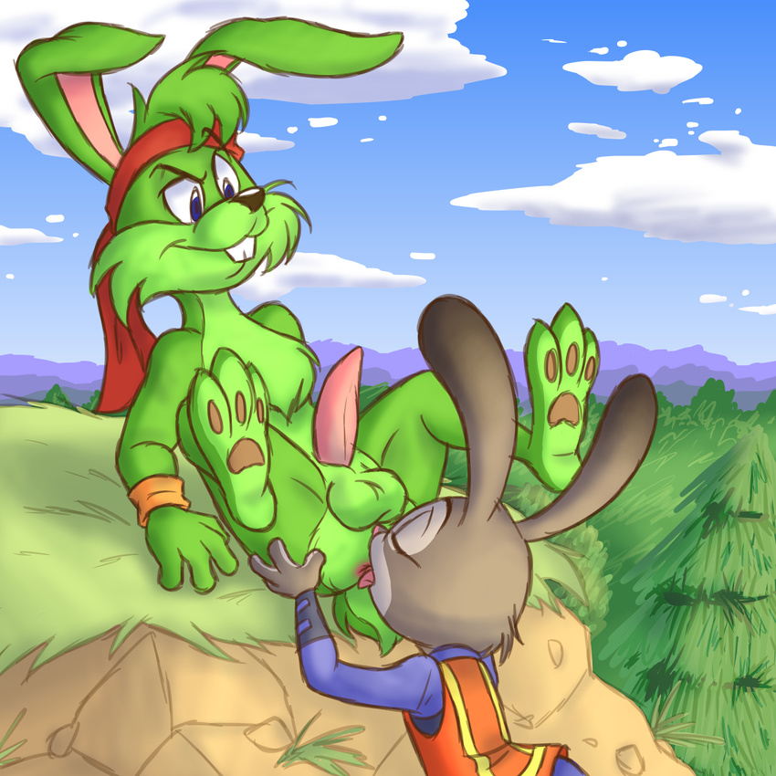 anal anthro anus balls clothing crossover detailed_background disney duo erection feet female flat_chested forest grin hi_res jazz_jackrabbit jazz_jackrabbit_(series) judy_hopps ladysomnambule lagomorph male male/female mammal oral outside paws penis police rabbit rimming sex smile tree uniform wilderness zootopia