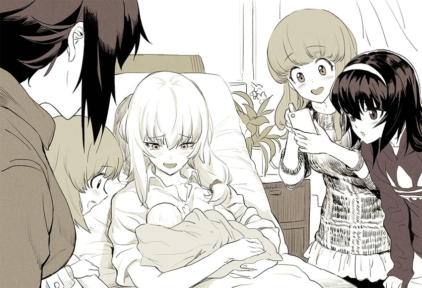 baby bed black_hair blanket cellphone girls_und_panzer hairband hospital hospital_bed itsumi_erika ladic long_hair monochrome mother_and_child multiple_girls nishizumi_maho nishizumi_miho phone plant reizei_mako sepia short_hair siblings sisters sketch skirt smartphone smile takebe_saori tears vase