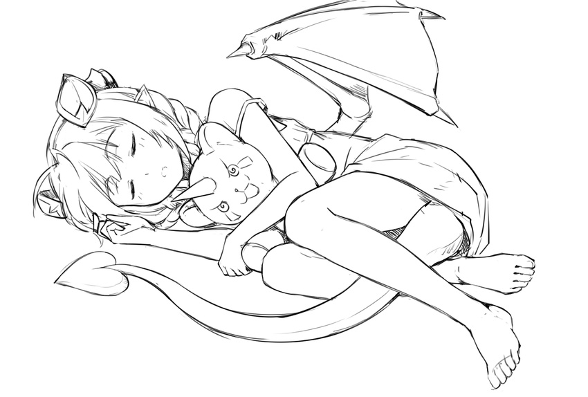 bare_legs barefoot braid closed_eyes commentary demon_girl demon_horns demon_tail demon_wings dress eyebrows_visible_through_hair full_body greyscale horns lilim_(monster_girl_encyclopedia) lying maritan_(pixelmaritan) monochrome monster_girl_encyclopedia on_side original pointy_ears runa sketch sleeping solo strap_slip stuffed_animal stuffed_toy succubus tail twin_braids wings