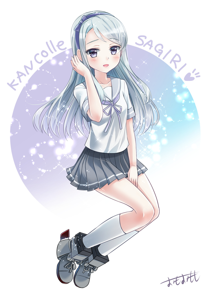 :d artist_name bad_id bad_pixiv_id blue_eyes blue_hairband blush character_name copyright_name grey_sailor_collar grey_skirt hairband heart highres kantai_collection kneehighs long_hair omoomomo open_mouth pleated_skirt sagiri_(kantai_collection) sailor_collar school_uniform serafuku short_sleeves signature silver_hair skirt smile solo white_legwear