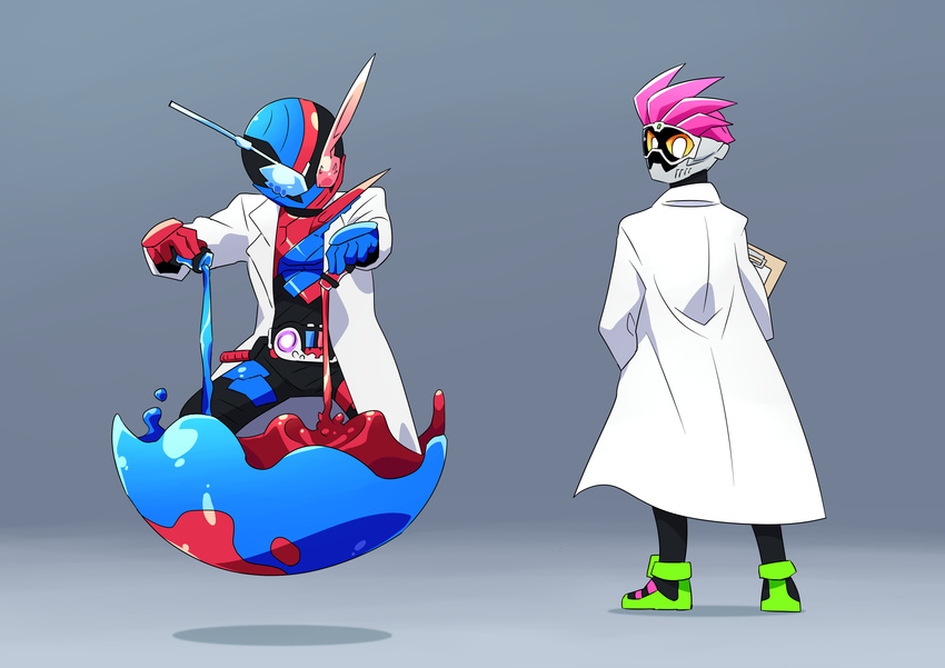 absurdres action_gamer_level_2 belt fullmetal_moonsault highres kamen_rider kamen_rider_build kamen_rider_build_(series) kamen_rider_ex-aid kamen_rider_ex-aid_(series) labcoat liquid looking_back mighty_action_x_level_2 multiple_boys otokamu rabbit+tank_form_(best_match)