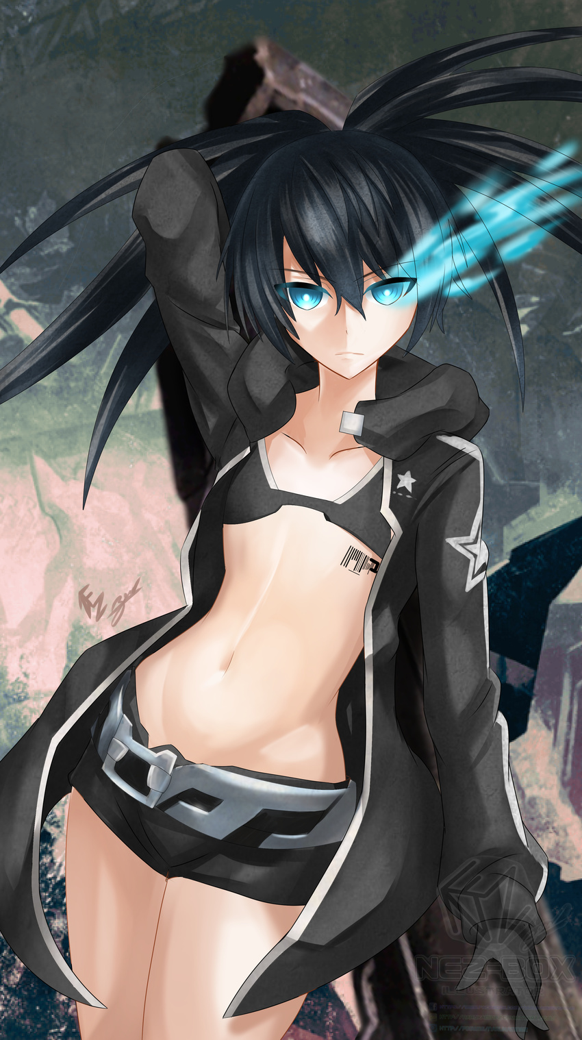 absurdres arm_up belt black_bra black_coat black_gloves black_hair black_rock_shooter black_rock_shooter_(character) black_shorts blue_eyes bra burning_eyes collarbone cowboy_shot gloves groin hair_between_eyes highres long_hair looking_at_viewer midriff navel nez-kun short_shorts shorts solo standing stomach underwear watermark