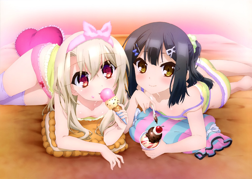 ass bare_legs black_hair blush boyshorts breasts brown_eyes camisole cropped downblouse eating fate/kaleid_liner_prisma_illya fate_(series) food frills hair_ornament hairband hairclip highres ice_cream ice_cream_cone illyasviel_von_einzbern looking_at_viewer loungewear lying miyu_edelfelt multiple_girls official_art one_side_up purple_legwear red_eyes satou_kaori scan small_breasts smile strap_slip striped thighhighs