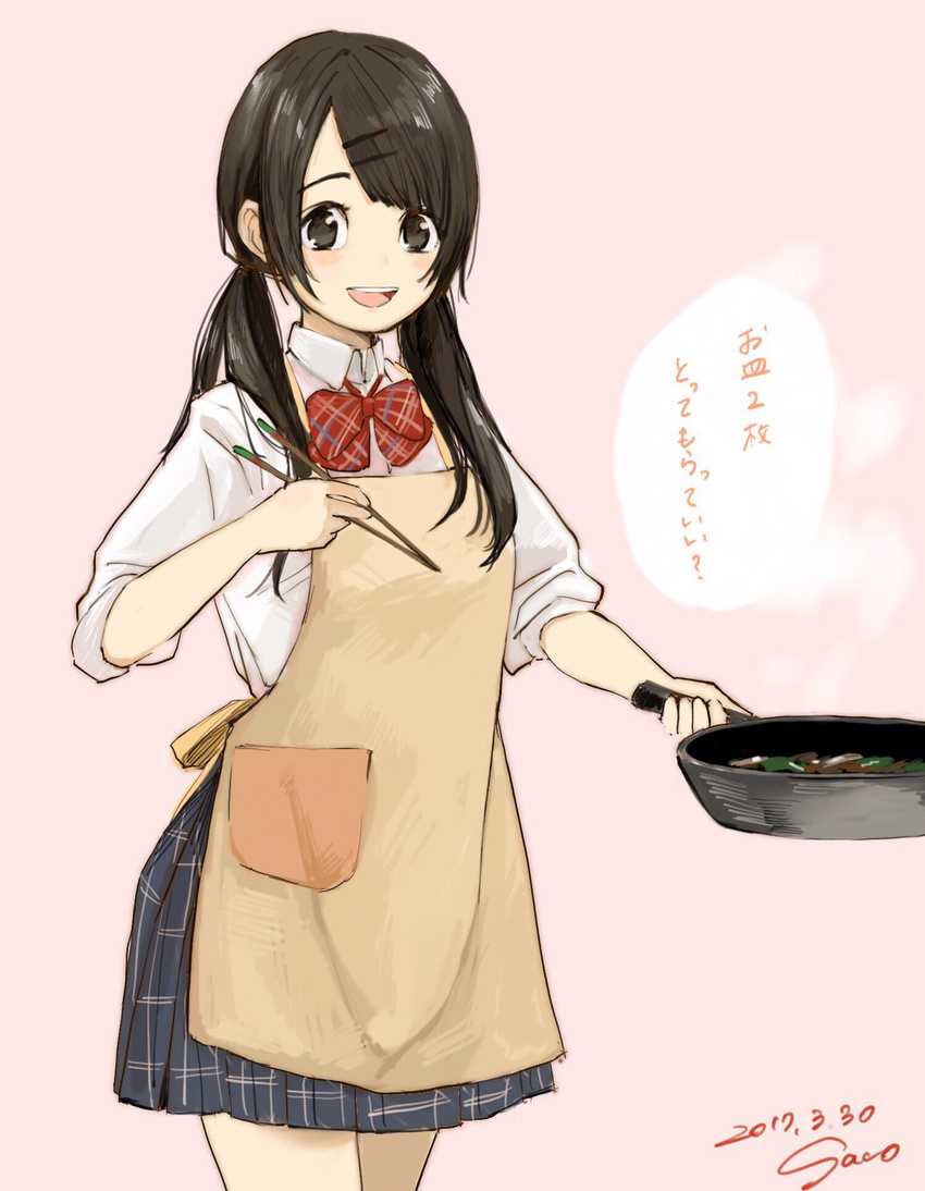 :d apron bangs black_hair blue_skirt blush bow bowtie breasts checkered checkered_skirt chopsticks commentary_request cowboy_shot dated frying_pan hair_ornament hairclip highres holding holding_chopsticks long_hair looking_at_viewer medium_breasts open_mouth original pleated_skirt pocket red_bow red_neckwear sako_(user_ndpz5754) shirt signature skirt sleeves_rolled_up smile speech_bubble standing translated white_shirt yellow_apron