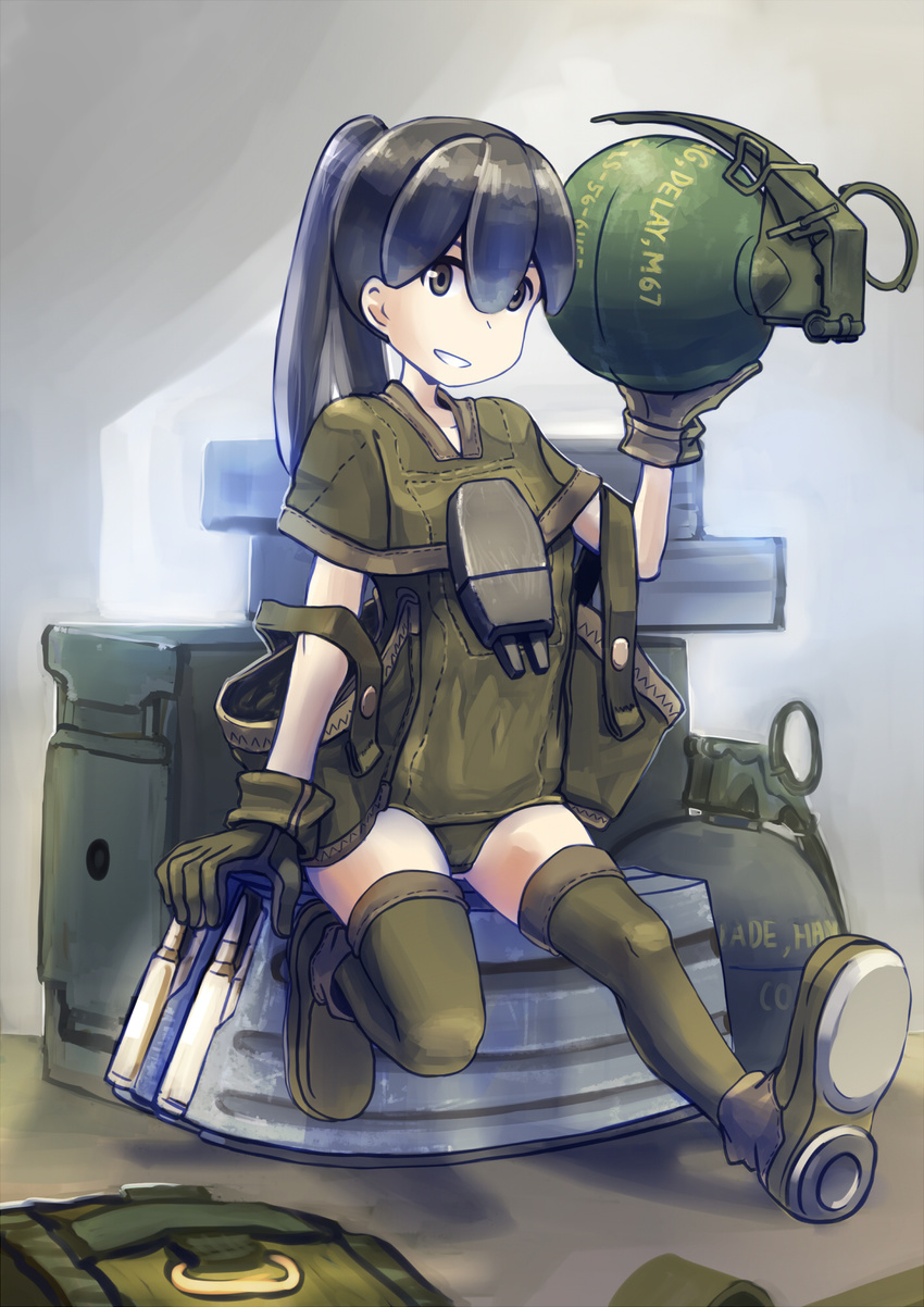 ammo_box ammunition bangs black_hair boots brown_eyes cartridge combat_boots erica_(naze1940) explosive gloves green_footwear green_gloves grenade grin hair_between_eyes high_ponytail highres holding leather leather_gloves long_hair looking_at_viewer magazine_(weapon) military minigirl original ponytail sitting smile solo split_ponytail teeth thighhighs