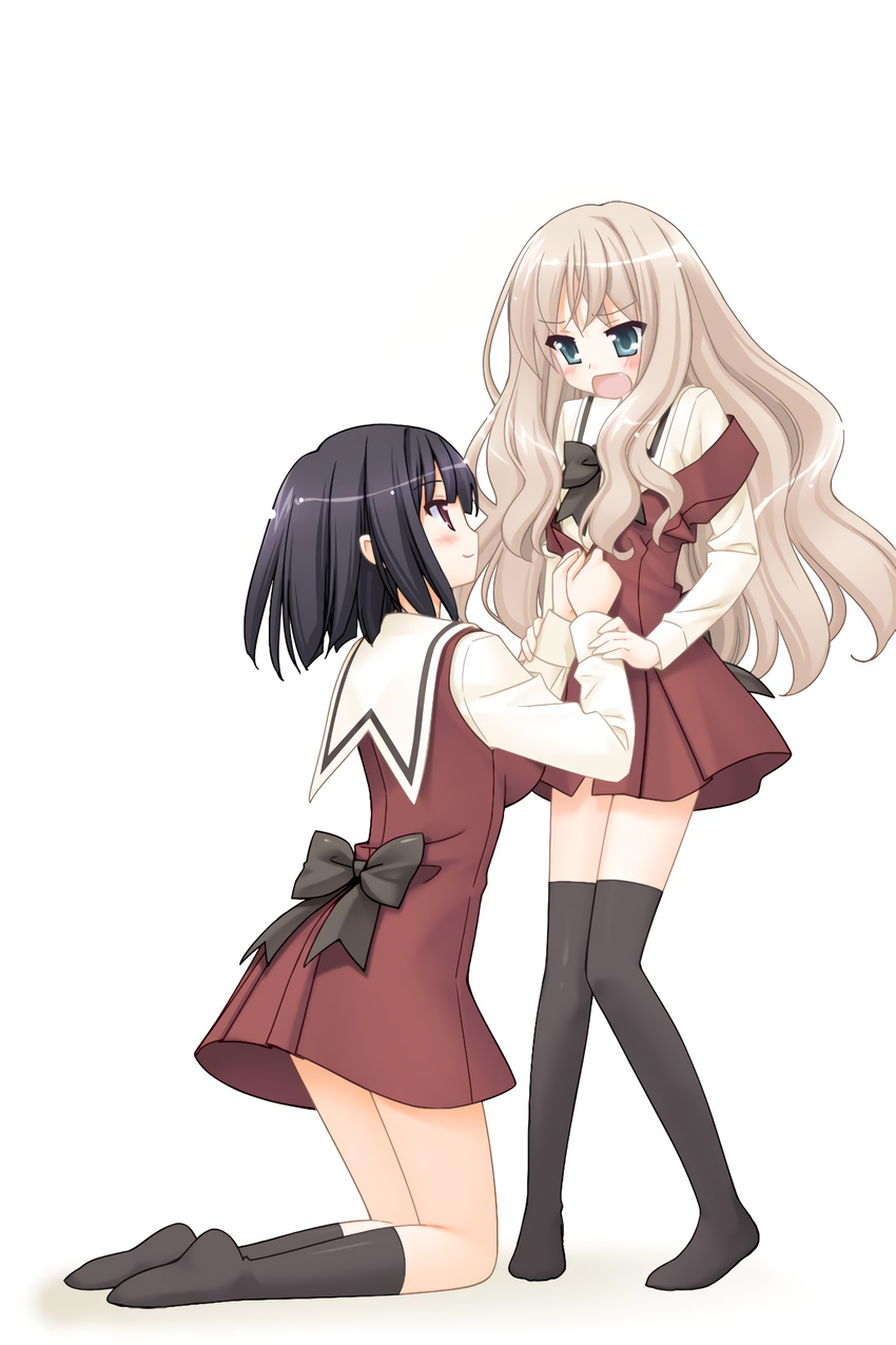 2girls black_hair blonde_hair blush couple fuguriya_(monoton) green_eyes kawamura_reo long_hair multiple_girls official official_art open_mouth purple_eyes sawaguchi_mai school_uniform short_hair skirt socks sono_hanabira_ni_kuchizuke_wo stockings surprised thighhighs thighs tsundere uniform yuri