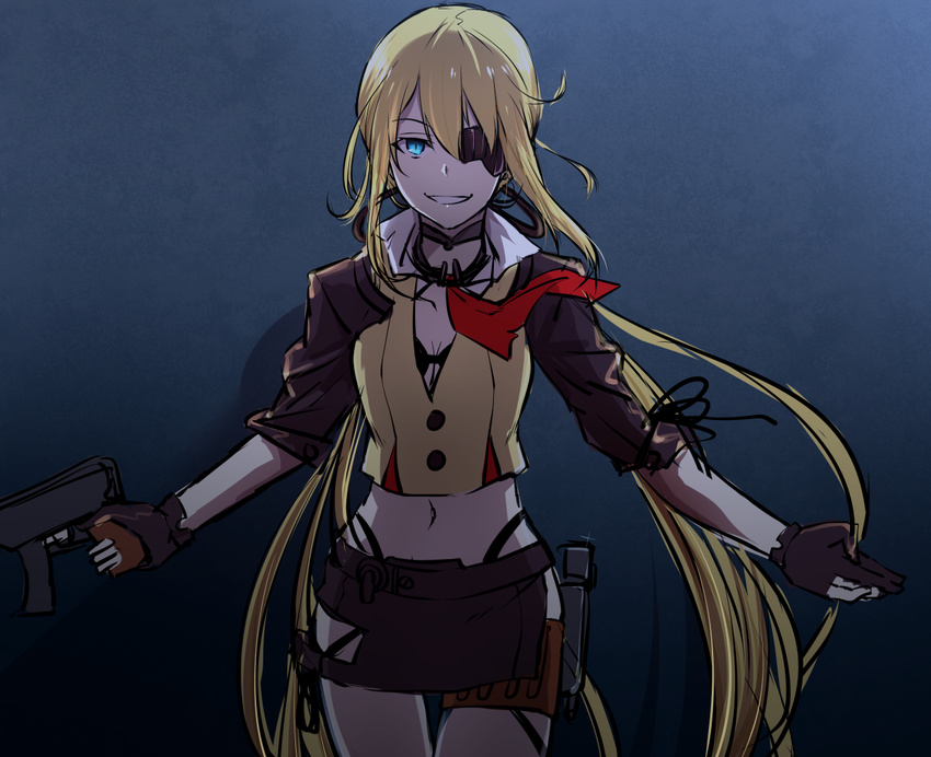 bangs black_bikini_top black_gloves black_skirt blue_eyes collared_shirt cowboy_shot eyepatch girls_frontline gloves gun hair_between_eyes long_hair looking_at_viewer low_twintails machine_pistol midriff navel outstretched_arms parted_lips partly_fingerless_gloves popped_collar shirt side_slit sidelocks skirt skorpion_vz._61 sleeves_rolled_up smile solo submachine_gun trigger_discipline tsurime twintails very_long_hair vz.61_(girls_frontline) weapon white_shirt xiujia_yihuizi