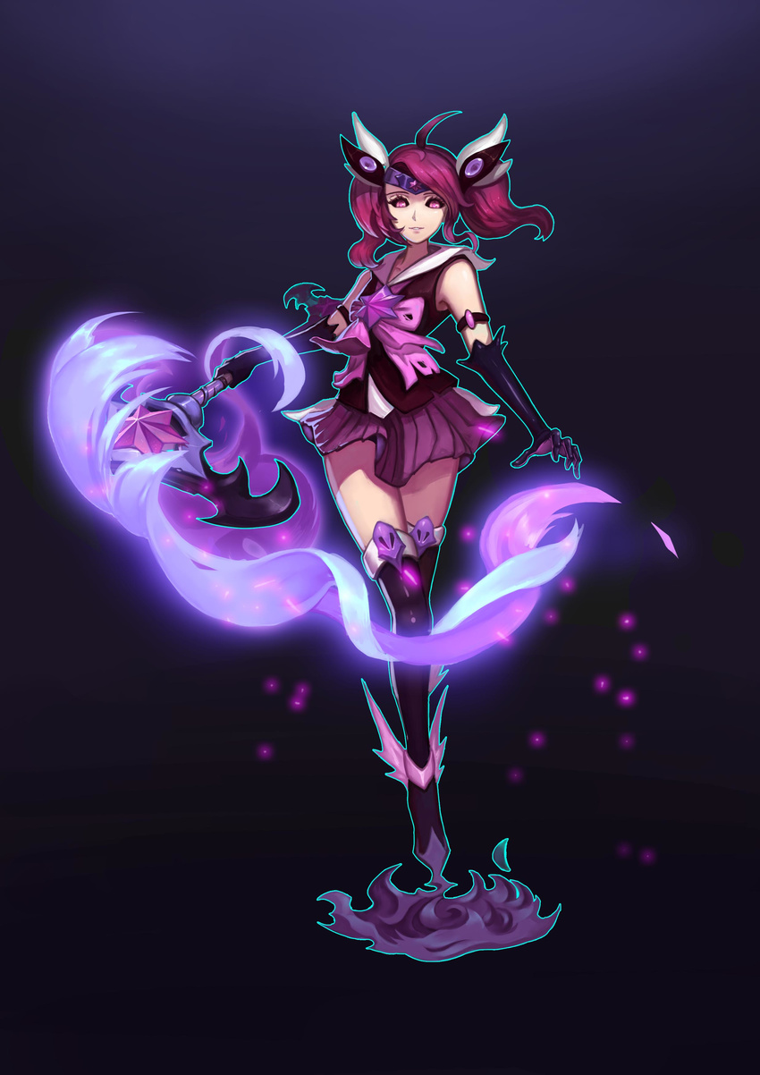 absurdres ahoge black_gloves elbow_gloves gloves highres holding holding_staff league_of_legends looking_at_viewer luxanna_crownguard maroon_skirt parted_lips pink_eyes red_hair short_hair short_twintails skirt smile solo staff sunset_xi twintails