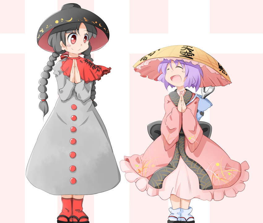 :d ^_^ ajirogasa black_hair blush_stickers bowl bowl_hat braid buttons capelet closed_eyes clothes_writing dress earlobes feet_together grey_dress hands_together hat headwear_switch height_difference japanese_clothes kikurage_(sugi222) kimono long_hair multiple_girls needle obi open_mouth purple_hair red_capelet red_eyes sandals sash short_hair smile sukuna_shinmyoumaru touhou twin_braids yatadera_narumi