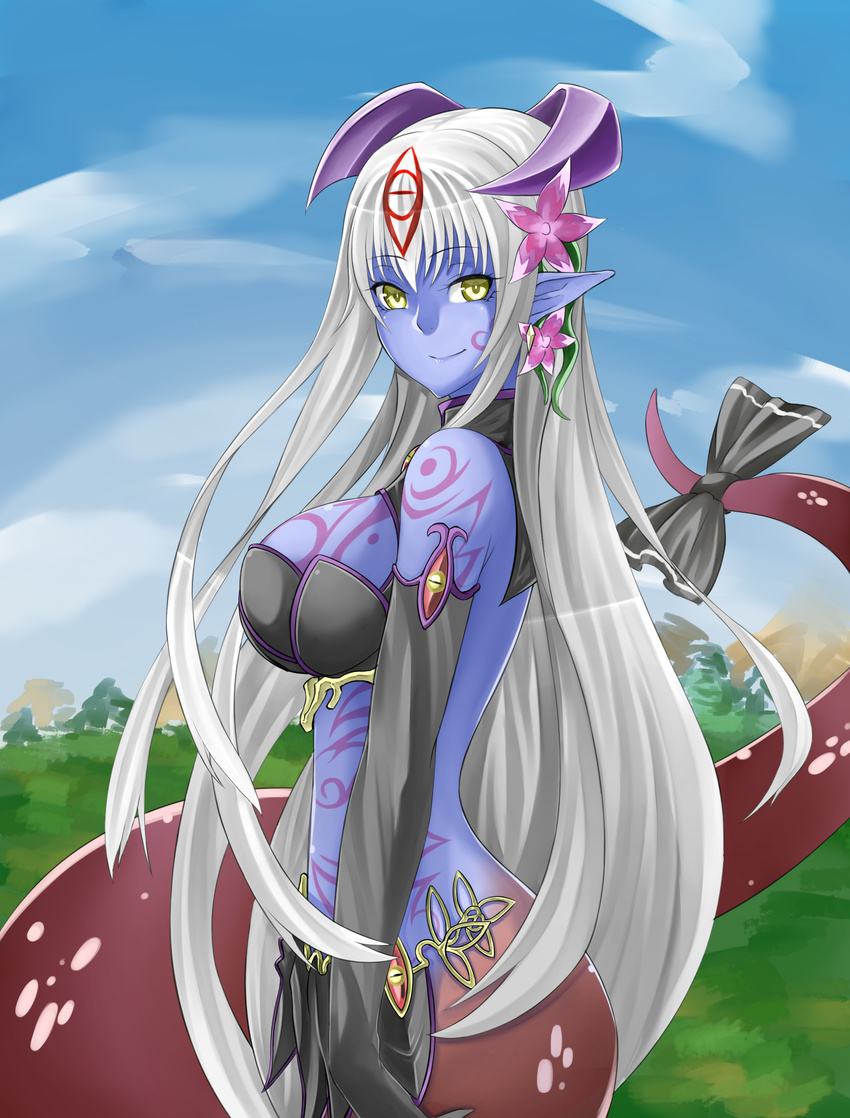absurdres alisfieze_fateburn_xvi bare_shoulders black_gloves blue_skin blue_sky breasts commentary_request day elbow_gloves flower from_side full_body_tattoo gloves hair_flower hair_ornament highres horns lamia large_breasts long_hair looking_at_viewer mon-musu_quest! monster_girl nature onji outdoors pointy_ears ribbon silver_hair sky smile solo tail tail_ribbon tattoo upper_body very_long_hair yellow_eyes